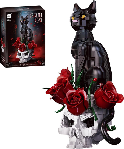Brick-built black cat, skull and dark rose bouquet arranged on a shelf