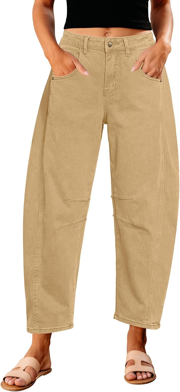Women's High Rise Barrel Jeans - Cropped Stretch Denim with Seam Detailing for Dressy Casual Outfits - Small