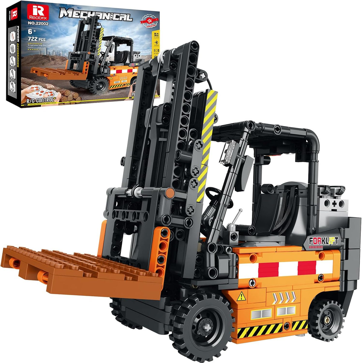 Brick-built remote control forklift truck with raised lifting shelf