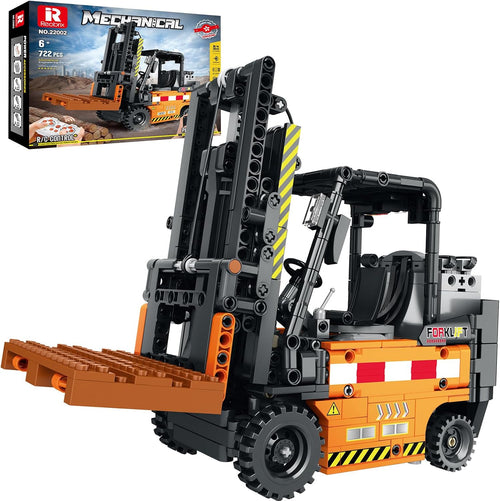 Brick-built remote control forklift truck with raised lifting shelf