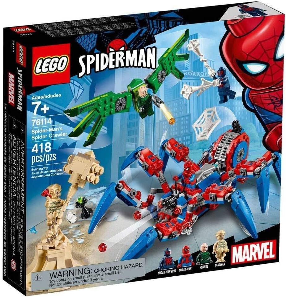 Built red and blue eight-legged crawler vehicle with hero and villain minifigures