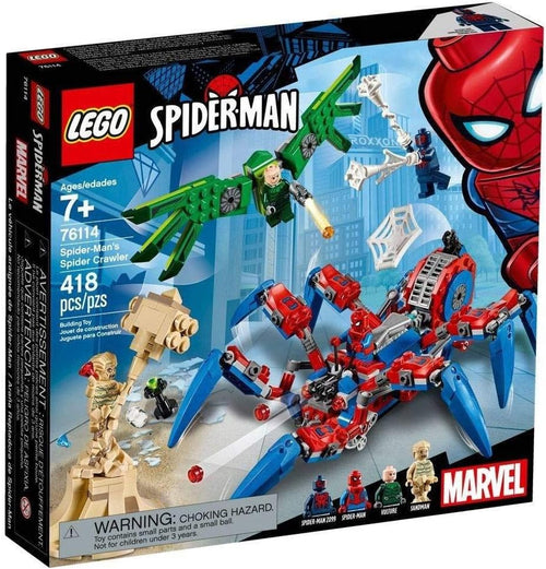 Built red and blue eight-legged crawler vehicle with hero and villain minifigures