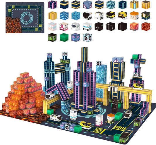 Purple magnetic cubes stacked into a small pixel-style figure