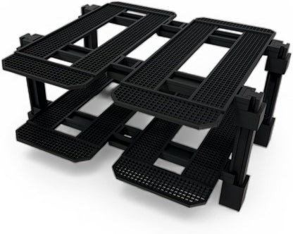 Modular racing garage display rack with small brick race cars in each bay – view 12