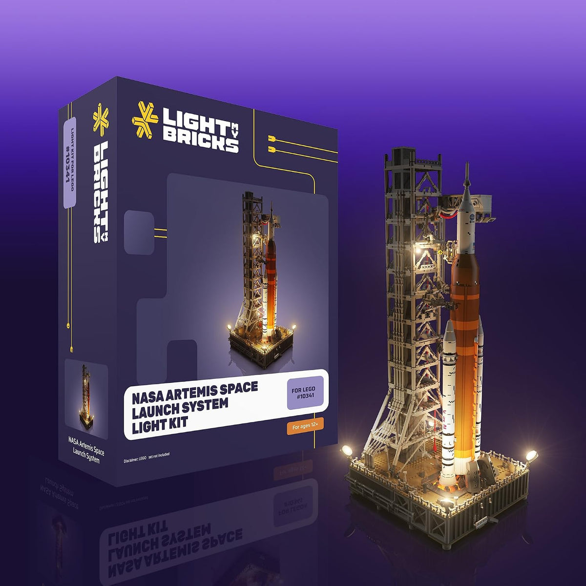 Brick-built moon rocket on launch tower glowing with LED lights
