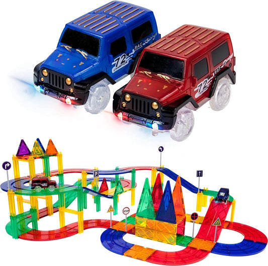 Magnetic tile marble run tower beside a race track with two light-up cars