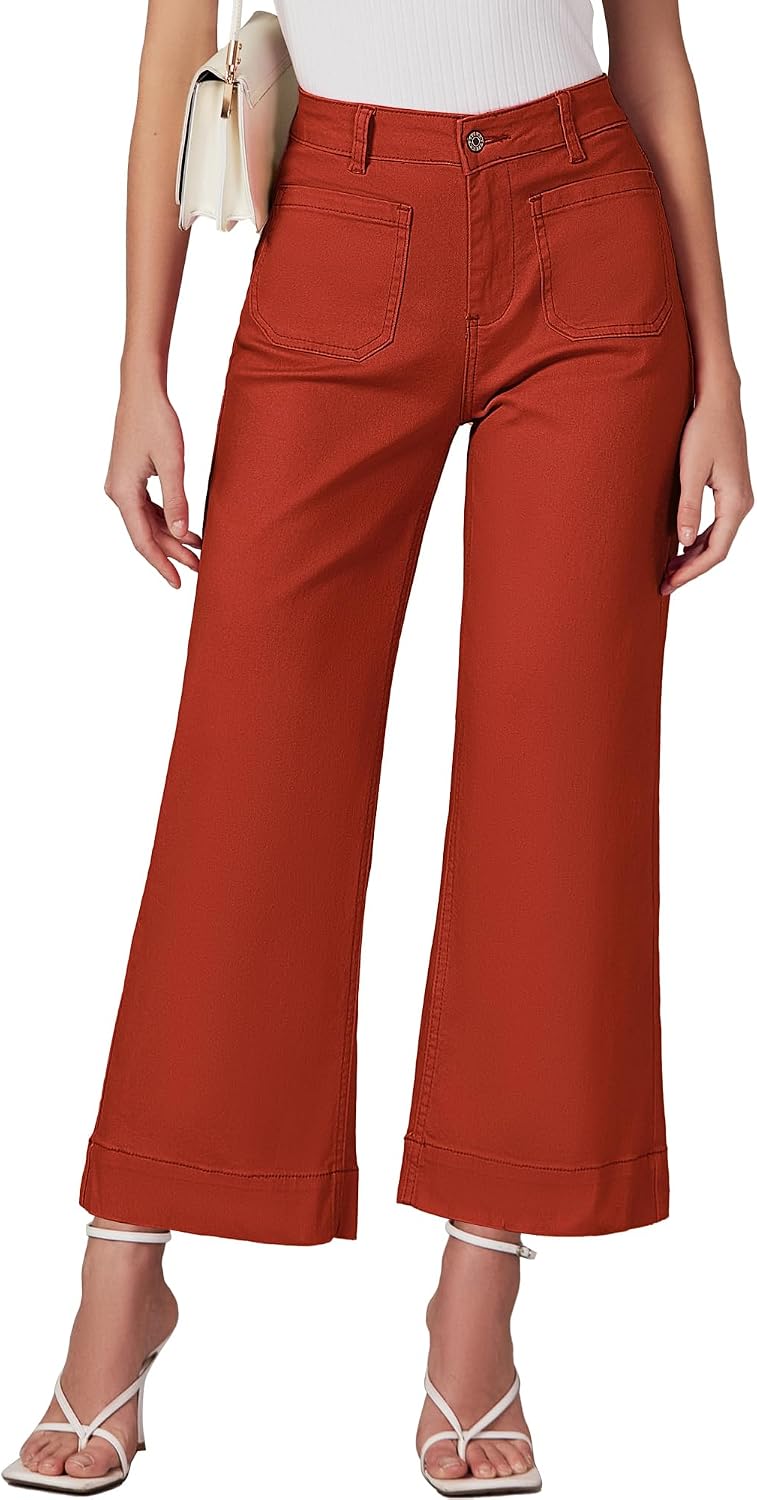 Women's Cropped Flare Jeans - High Rise Wide Leg Denim with Front Patch Pockets for Concert Outfits - Small