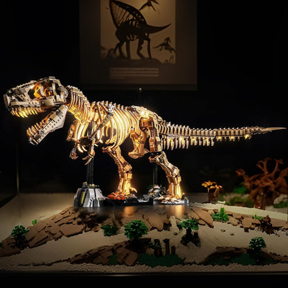 Brick tyrannosaurus fossil skeleton lit from below with LED lights – view 2
