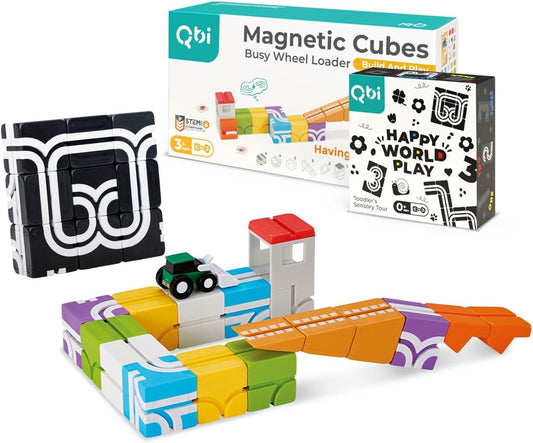 Magnetic block wheel loader beside a small set of chunky magnetic baby blocks