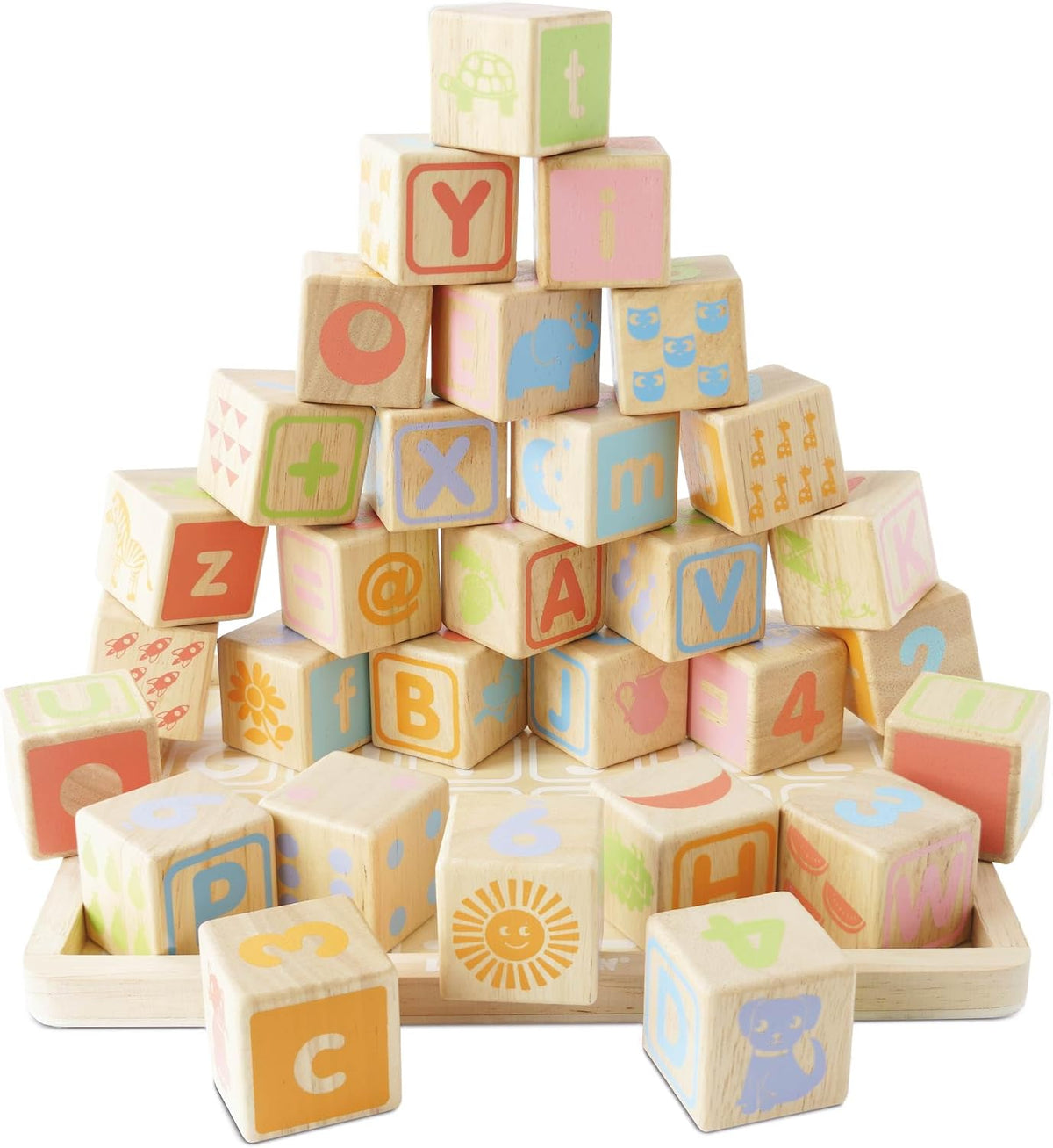 Sixty multicolored wooden building blocks in assorted shapes stacked into a small tower – view 2