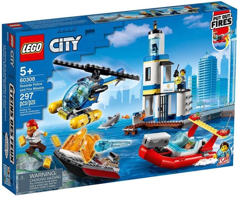 Brick-built police and fire rescue vehicles on a seaside scene with inflatable boat