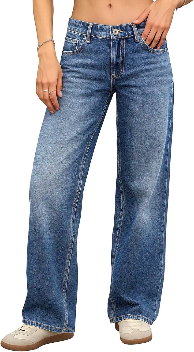 Women's Low Rise Baggy Jeans - Straight Leg Stretch Denim in a Loose Boyfriend Fit for Y2k Outfits - 0