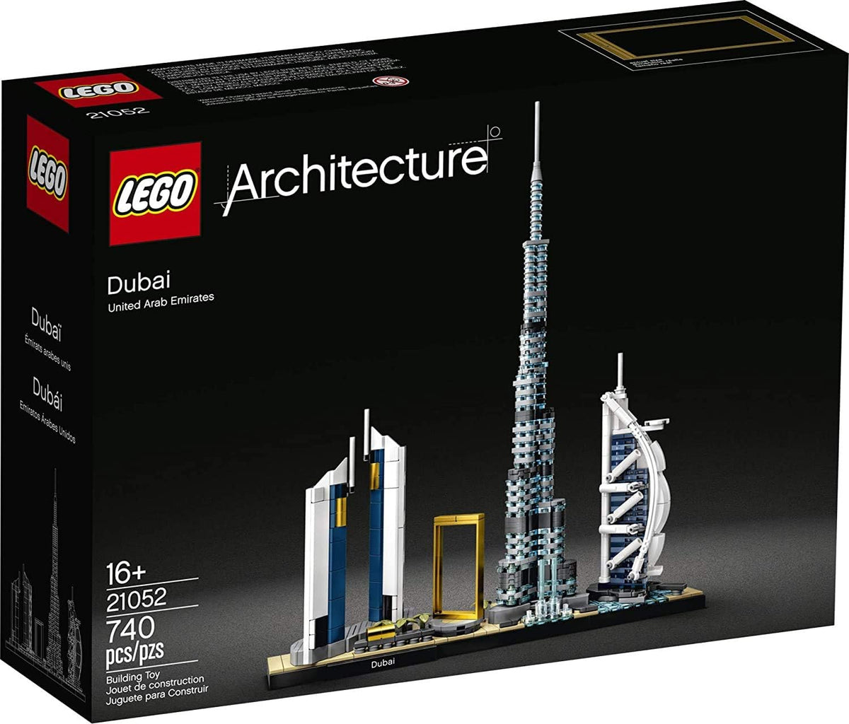 Brick-built Dubai skyline with Burj Khalifa tower and sail-shaped Burj Al Arab