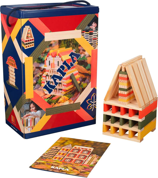 Orange, green and yellow wooden planks stacked into a tower beside a barrel