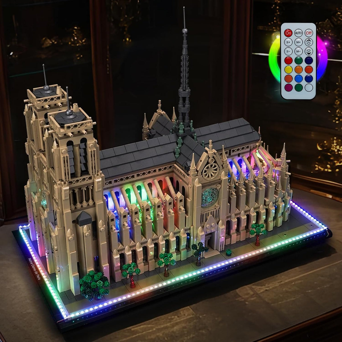 Notre-Dame de Paris cathedral brick model lit with LED lights
