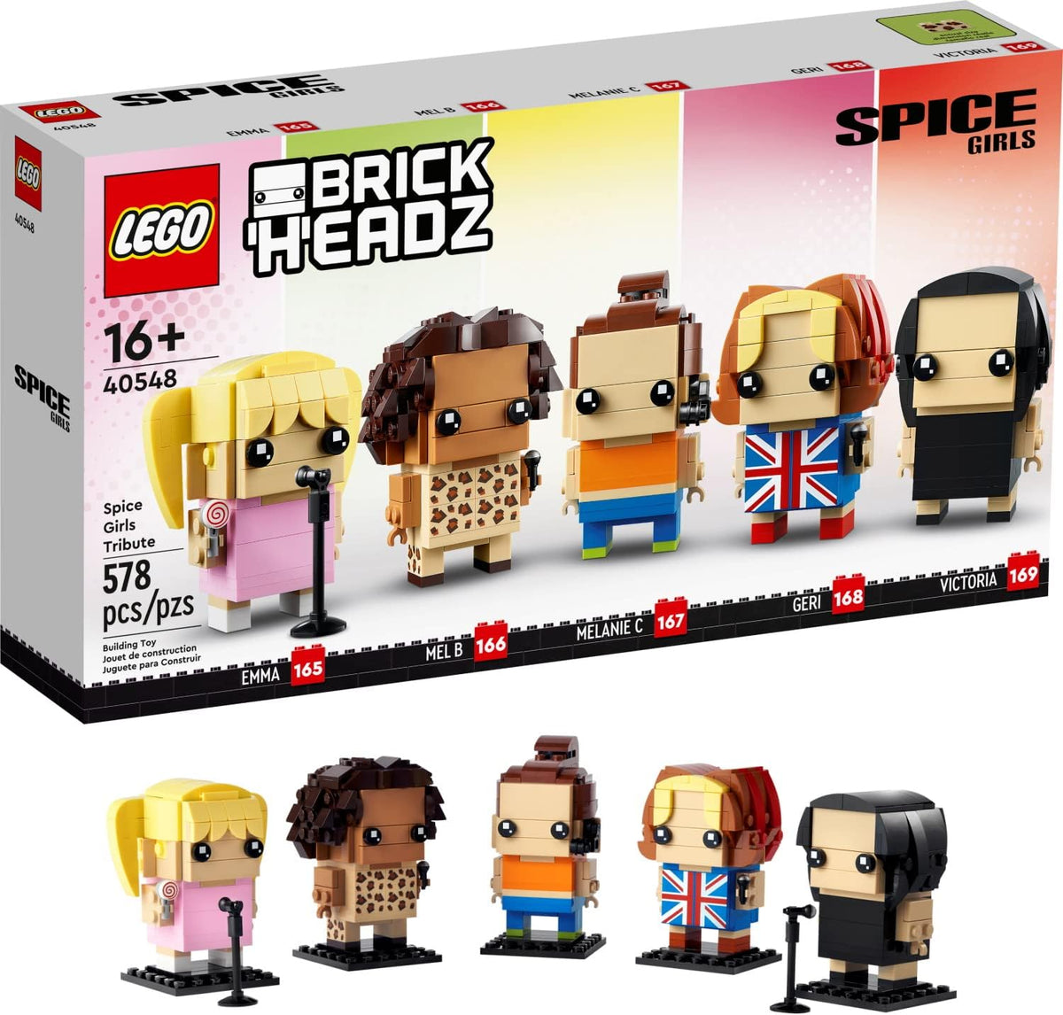Five small brick-built pop singer figures in colorful stage outfits