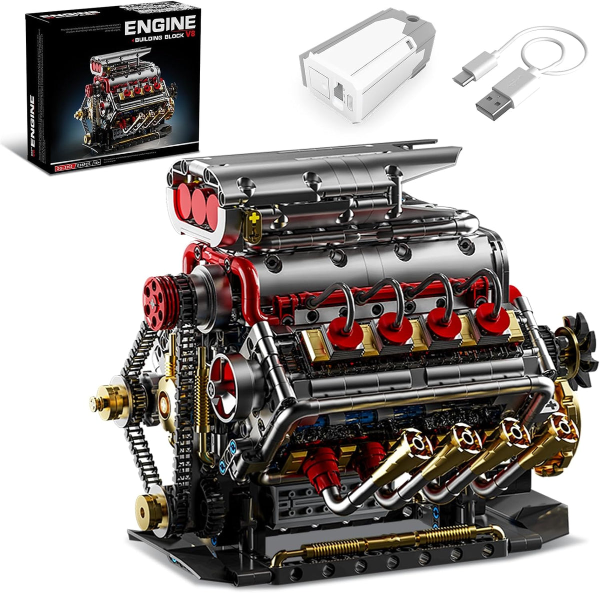 Brick-built V8 engine model with visible pistons and cylinders