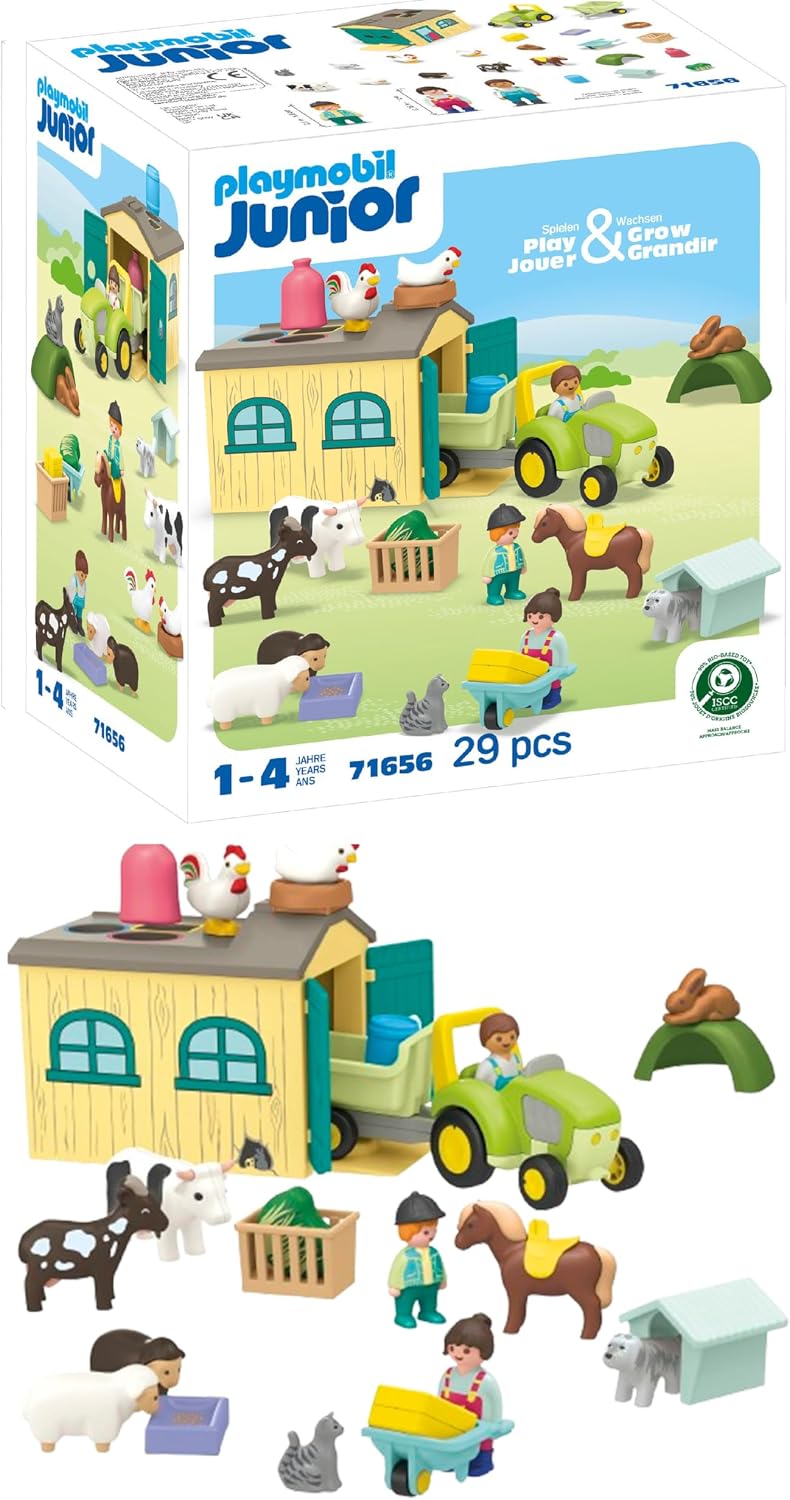 Toy farm playset with tractor, trailer, barn and farm animals