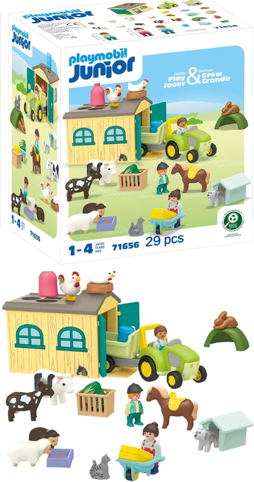 Toy farm playset with tractor, trailer, barn and farm animals