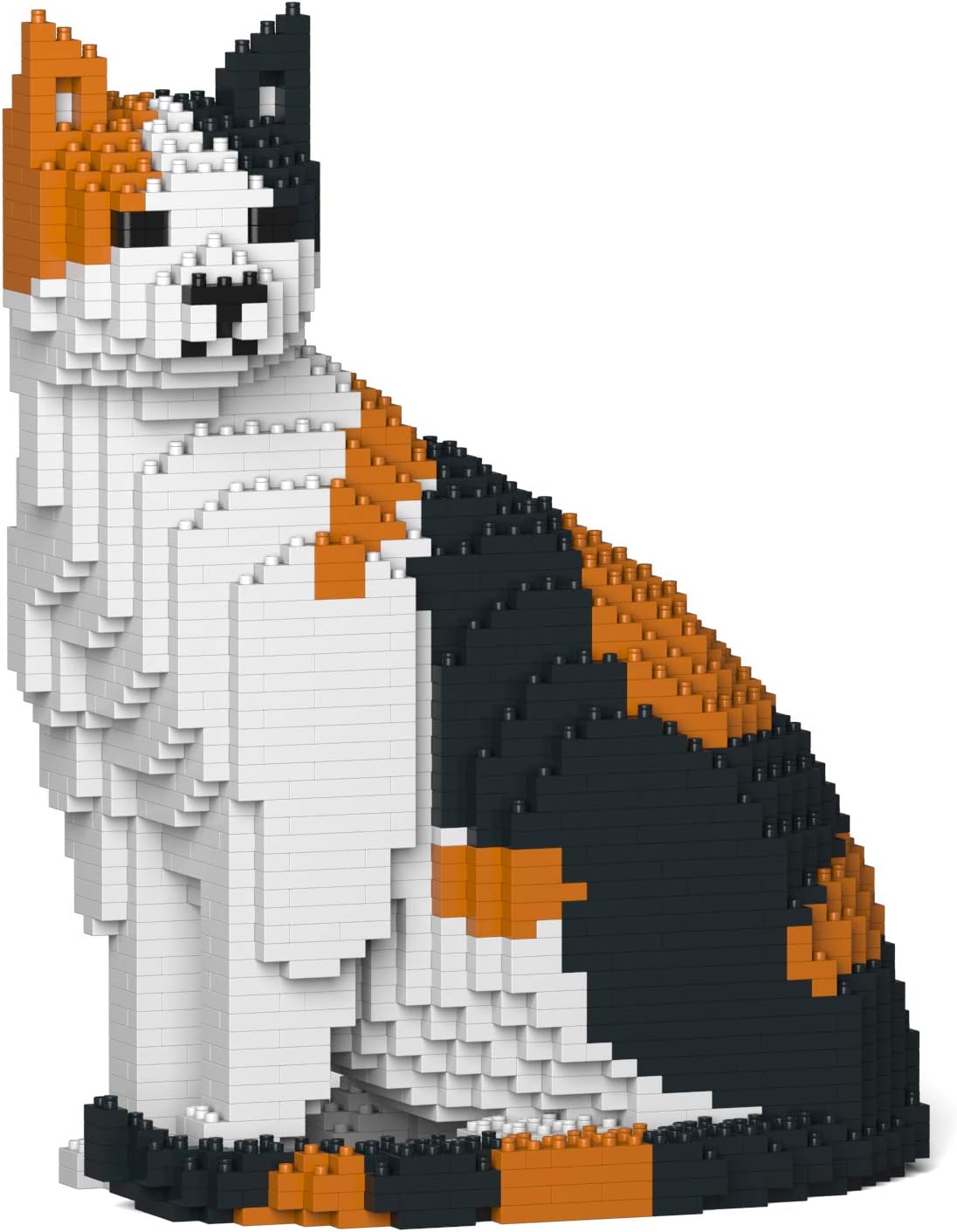 Finished black and white cat sculpture built from interlocking plastic bricks – view 4