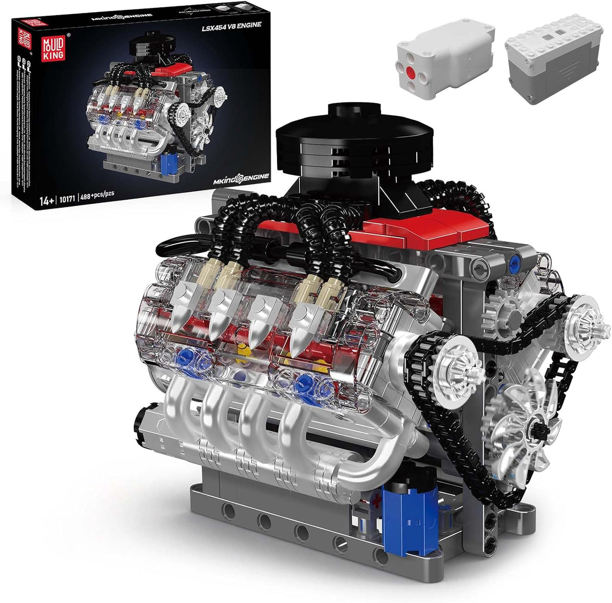 Motorized V8 engine brick model with visible pistons and gear lever – view 2