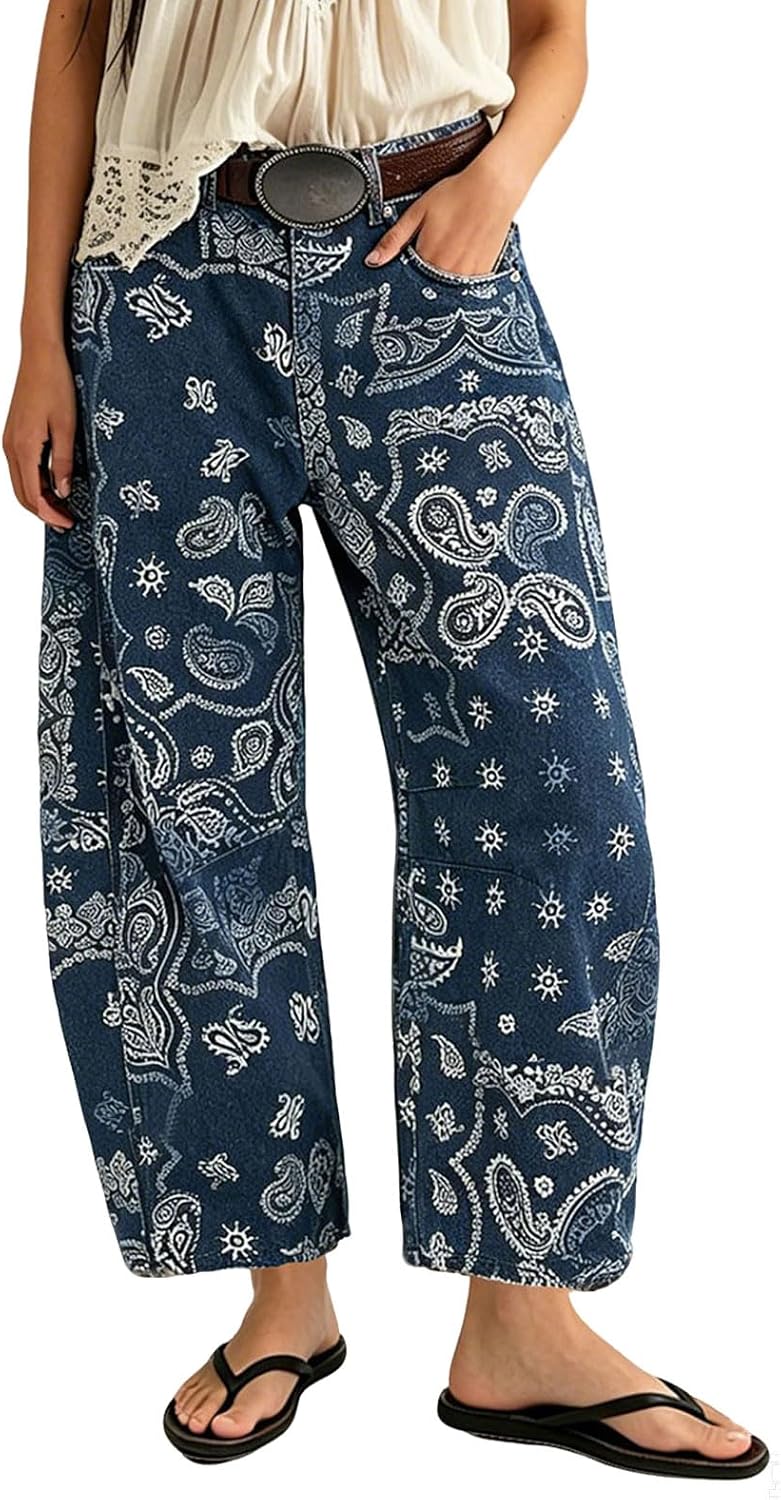 Women's Floral Print Barrel Jeans - Mid Rise Baggy Wide Leg Ankle Denim with Patchwork Detail - Small
