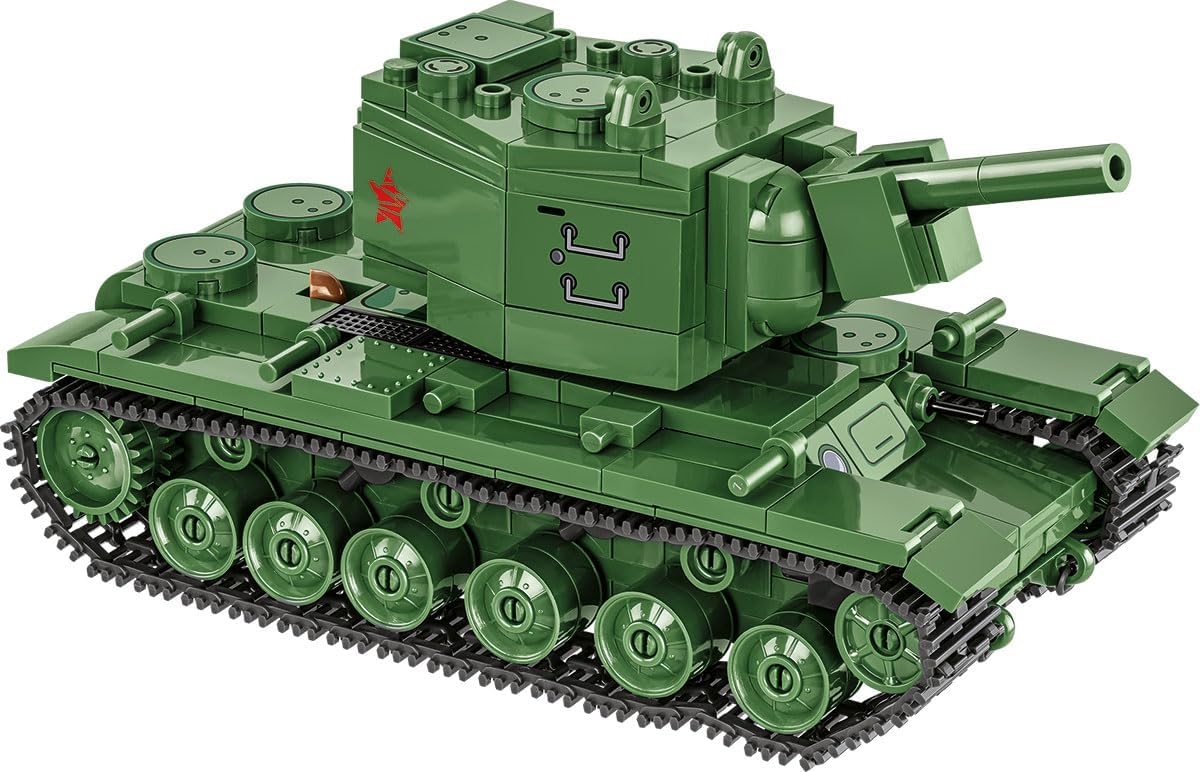Green brick World War II heavy tank with tall boxy turret and tracks