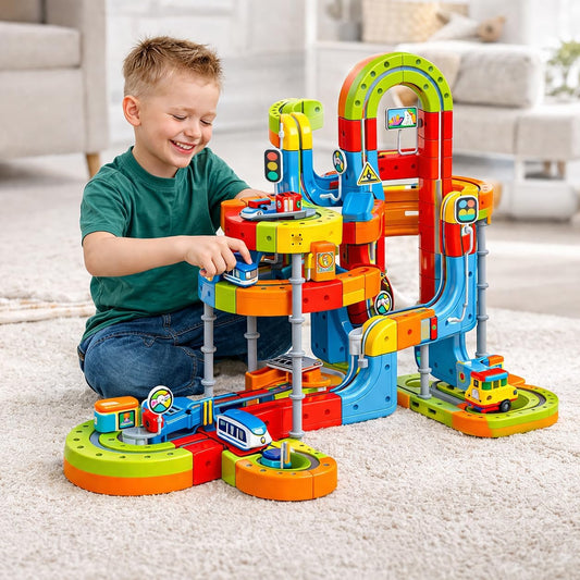 Colorful magnetic trains on a multi-level DIY track with road signs