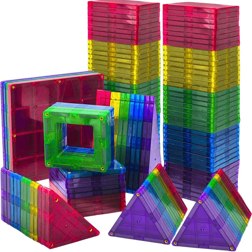 Magnetic tile house with alphabet cards inserted in the tiles