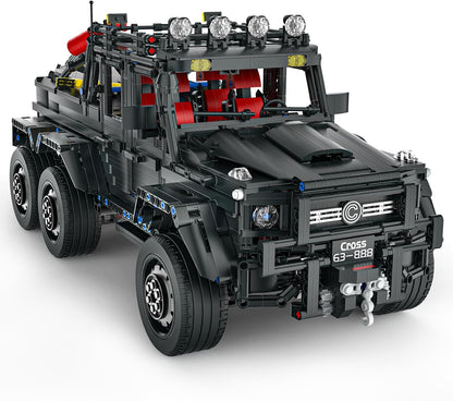 Black 1:8 scale off-road car brick model with large tires, suspension and rear lights