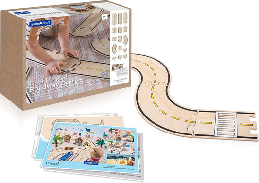 Double-sided road puzzle pieces connected into a winding street layout