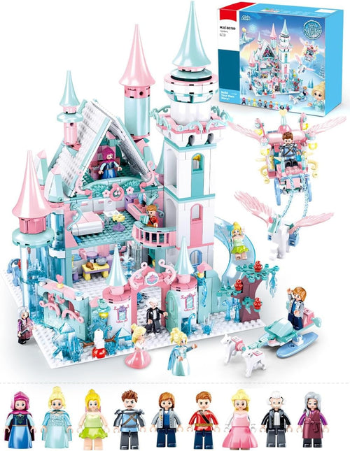 Built pastel princess castle with slide, carriage and minifigures