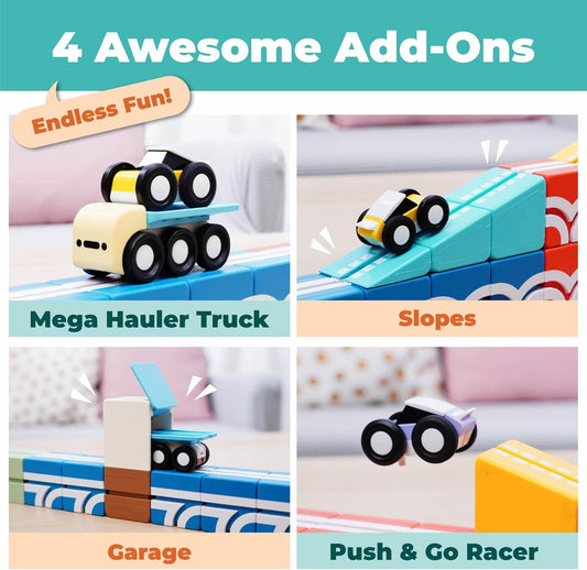 Magnetic block track with ramps and six small toy cars