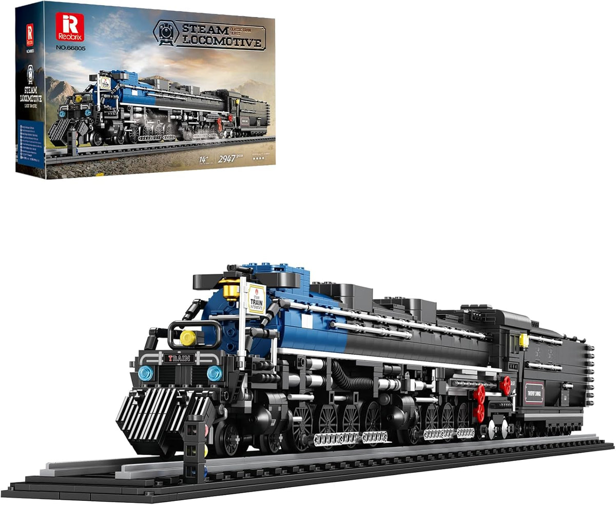 Large black brick-built steam locomotive with tender