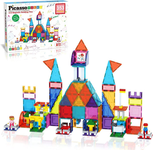 Large colorful building bricks next to magnetic tiles and small action figures
