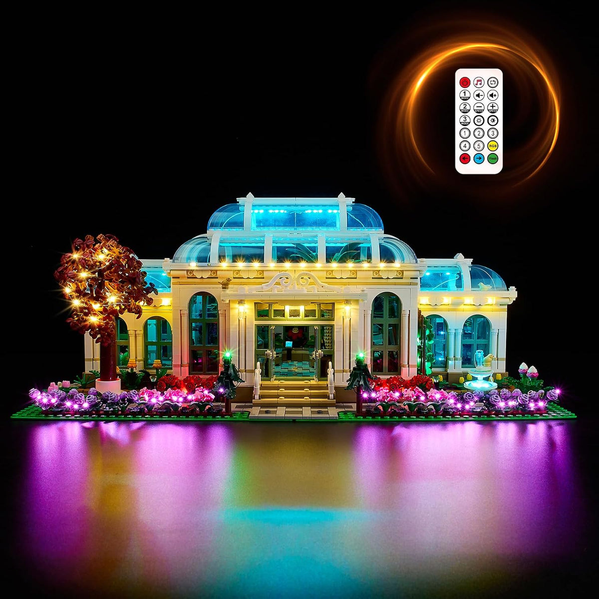 Botanical garden greenhouse brick model glowing with soft LED lights among green plants