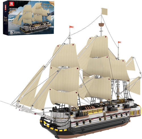 Large brick-built sailing ship with masts and sails