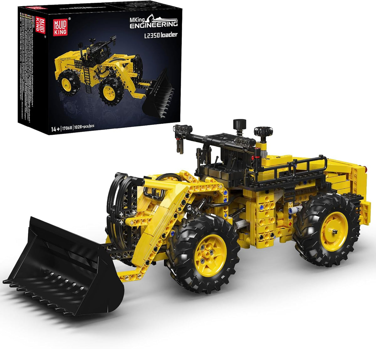 Yellow brick-built mining wheel loader with large tilting bucket and pneumatic lifting arm