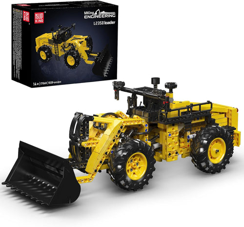 Yellow brick-built mining wheel loader with large tilting bucket and pneumatic lifting arm