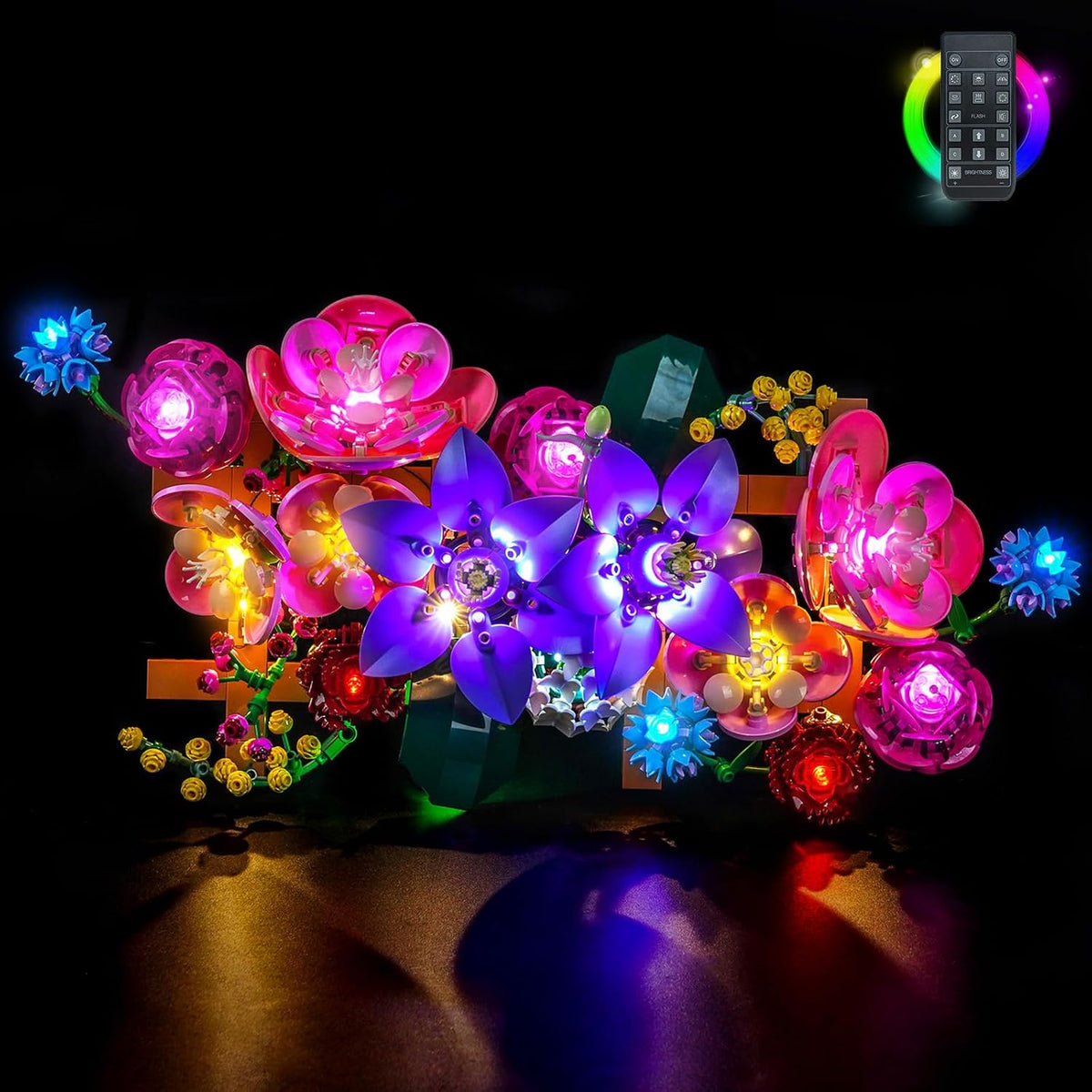 Botanical brick flower wall lit by an add-on LED light kit