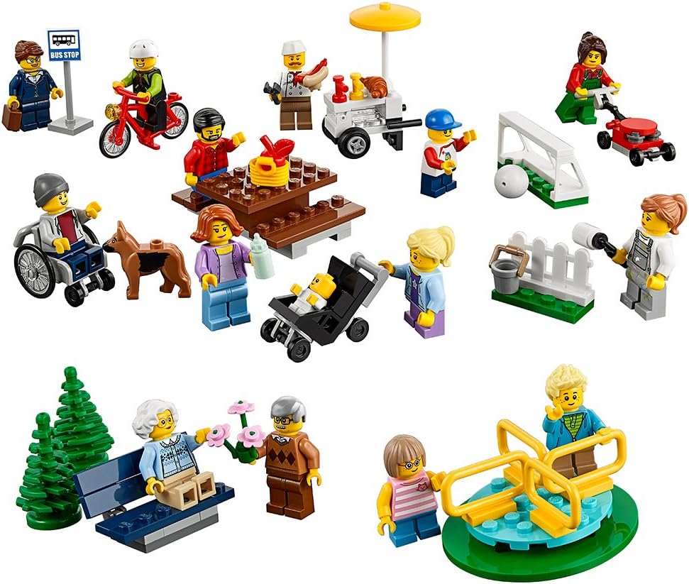 Brick park scene with playground, picnic table, hot dog stand and many minifigures