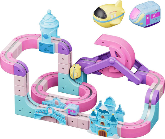 Pink castle magnetic train track with loop, ramp and motorized train
