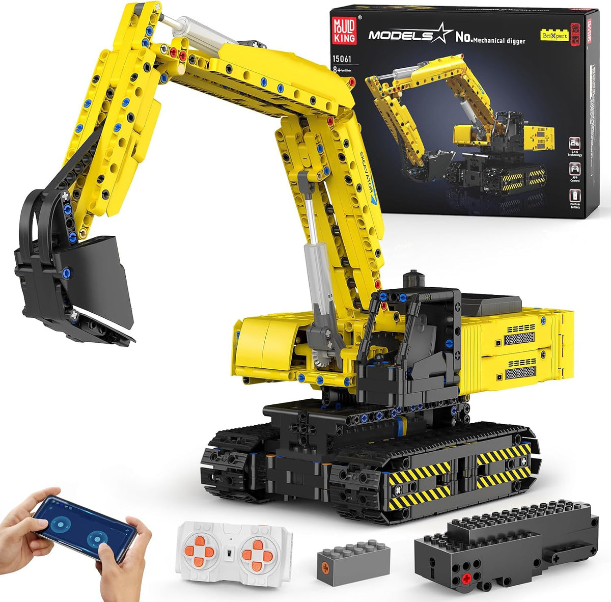 Yellow brick-built remote control excavator with extended arm and bucket
