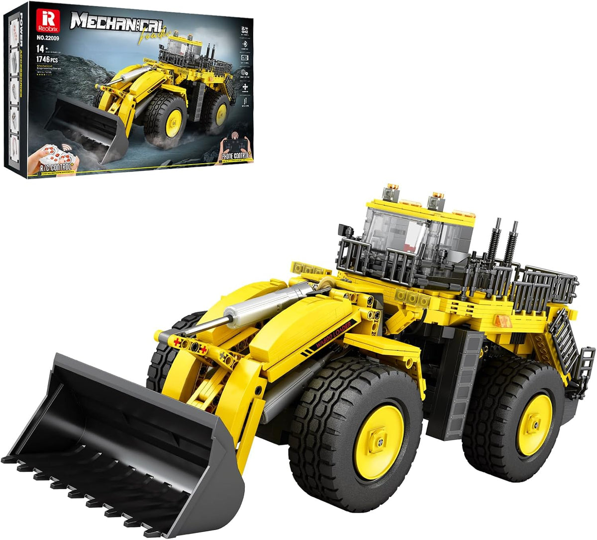 Brick-built remote control bulldozer with lights on and blade lowered