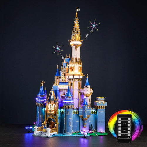 Fairy tale castle brick model glowing with warm LED lights at night