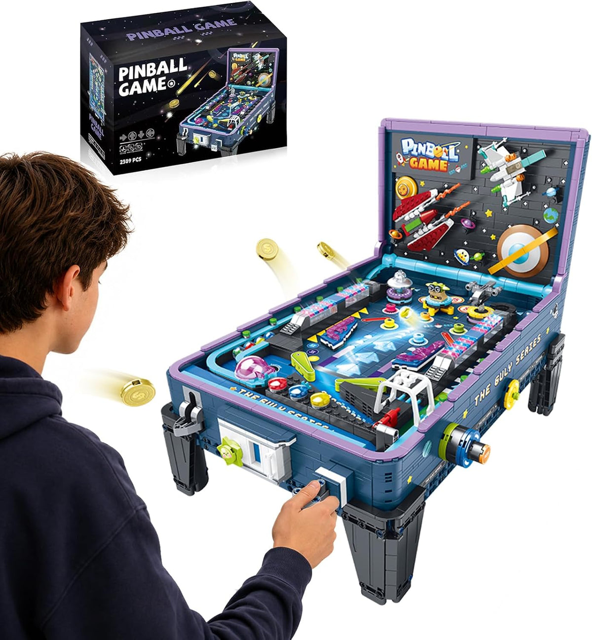Brick-built tabletop pinball machine with flippers, ramps and arcade backboard