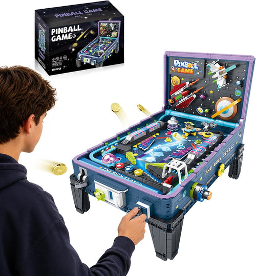 Brick-built tabletop pinball machine with flippers, ramps and arcade backboard