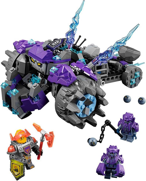 Gray stone monster vehicle with giant face and open jaws chasing a knight minifigure
