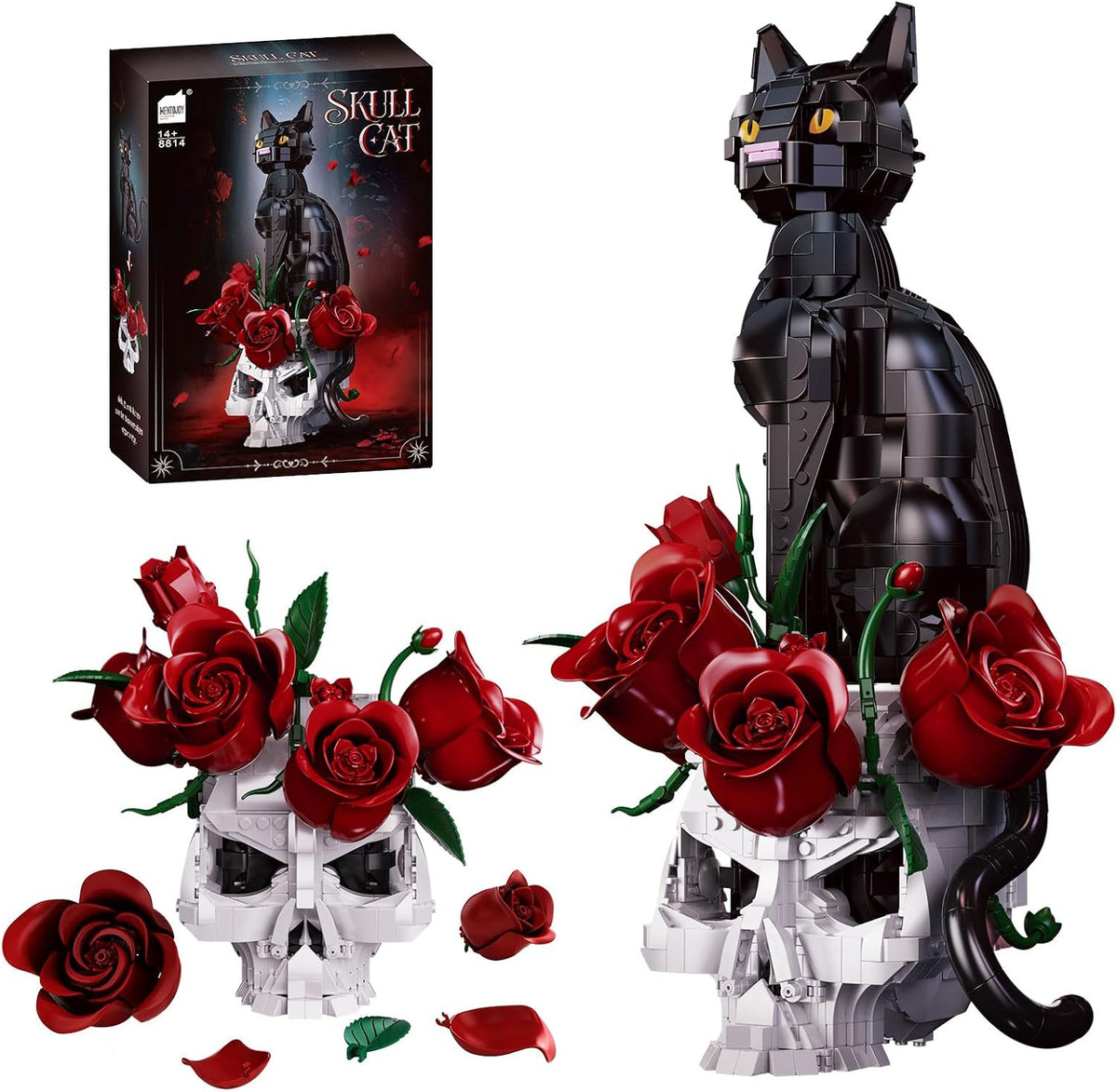 Brick bouquet of dark red roses arranged around a skull and a black cat figure