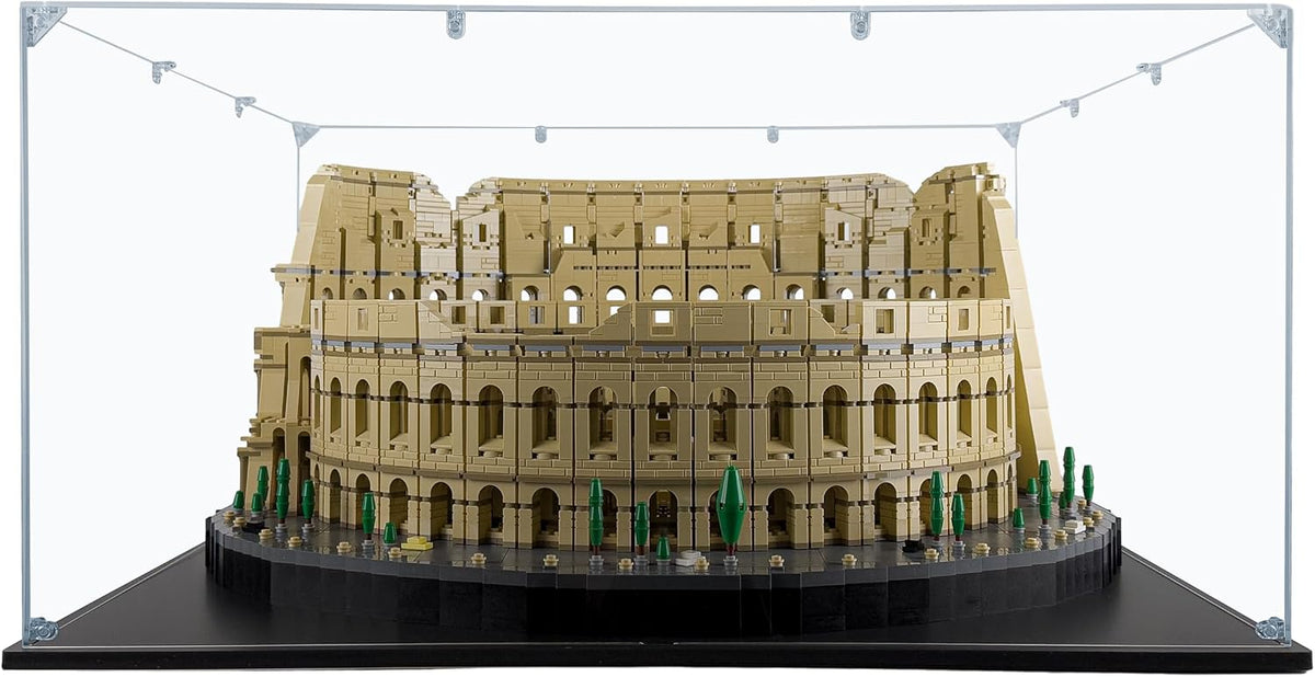 Clear acrylic display case covering a Colosseum brick model